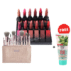 bh cosmetics lavish elegance 15pcs brushes set + huda beauty bullet matte lipsticks pack of 12pcs + free gift